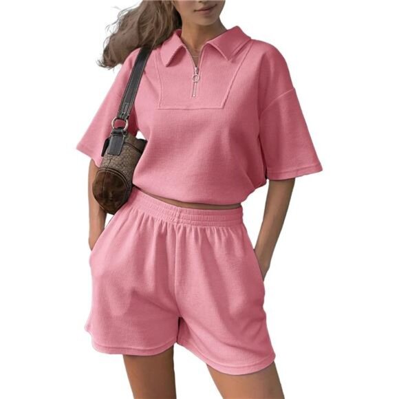 2 Piece Half Zip Summer Short Sets Sweatsuits Short Sleeve Crop ToTracksuit - Picture 1 of 6